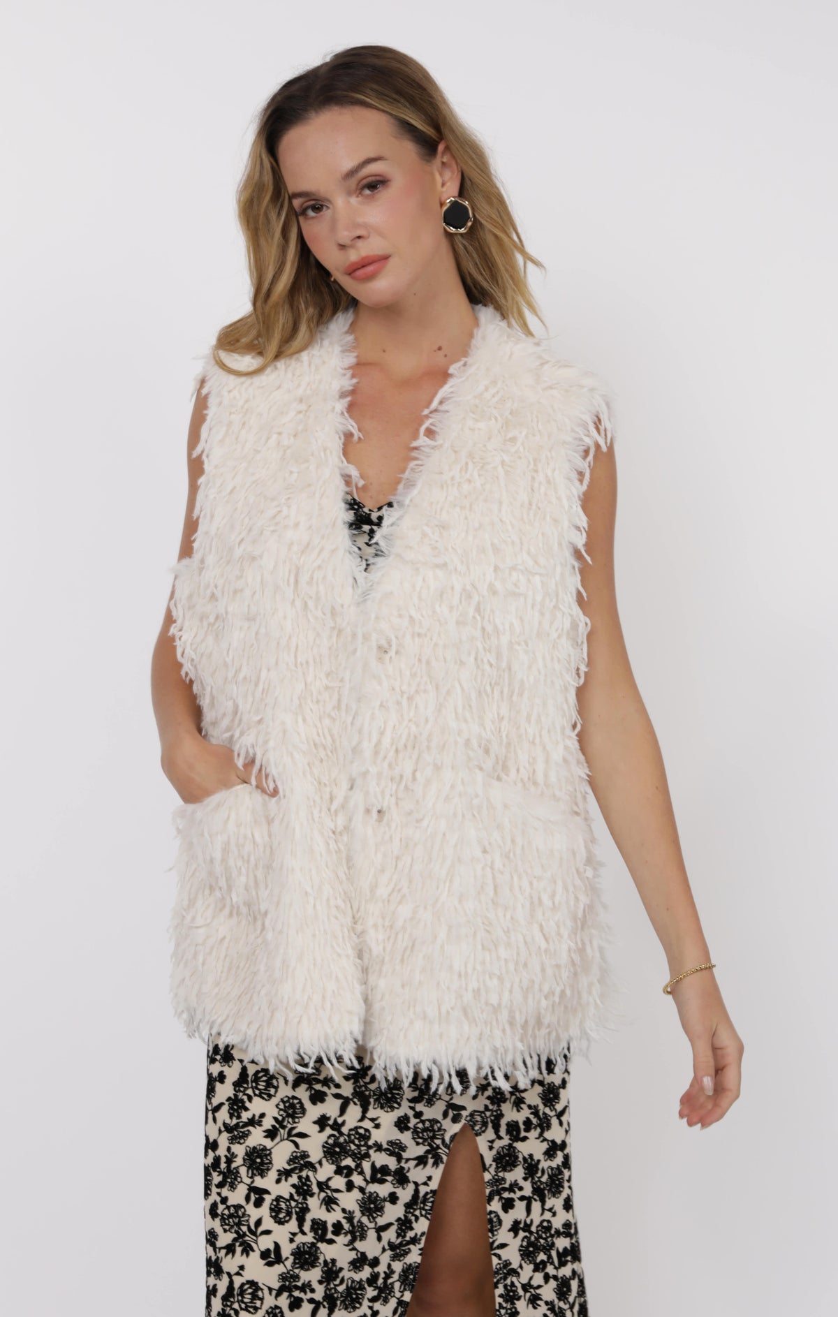 SAGE THE LABEL Trailblazer Fringe Fur Long Vest White