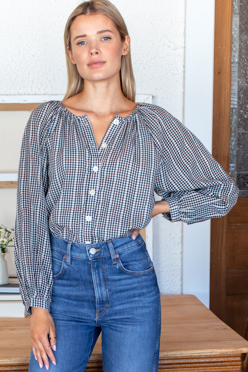 EMERSON FRY Frances Blouse in Crushed Gingham Black + Ivory