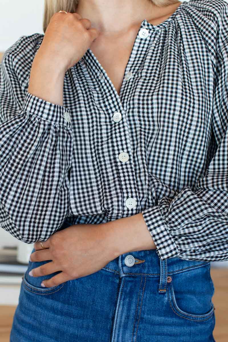 EMERSON FRY Frances Blouse in Crushed Gingham Black + Ivory