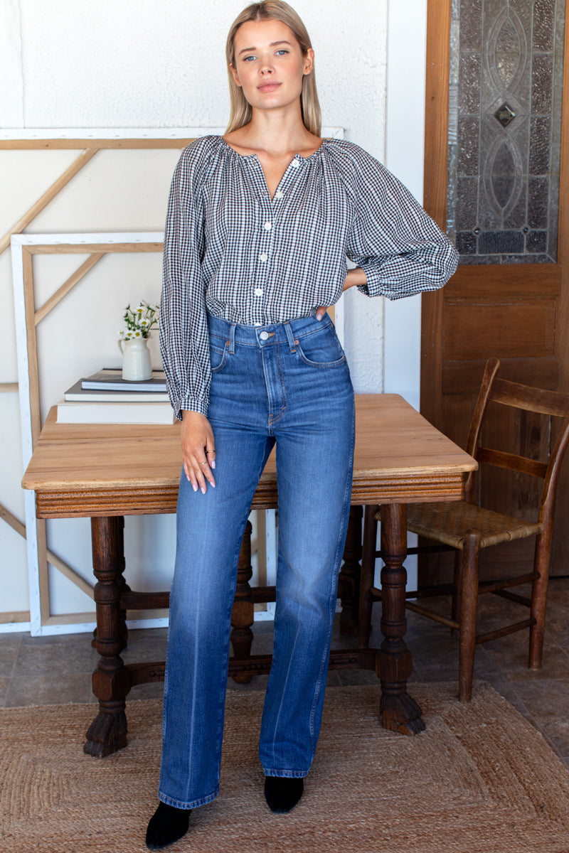 EMERSON FRY Frances Blouse in Crushed Gingham Black + Ivory