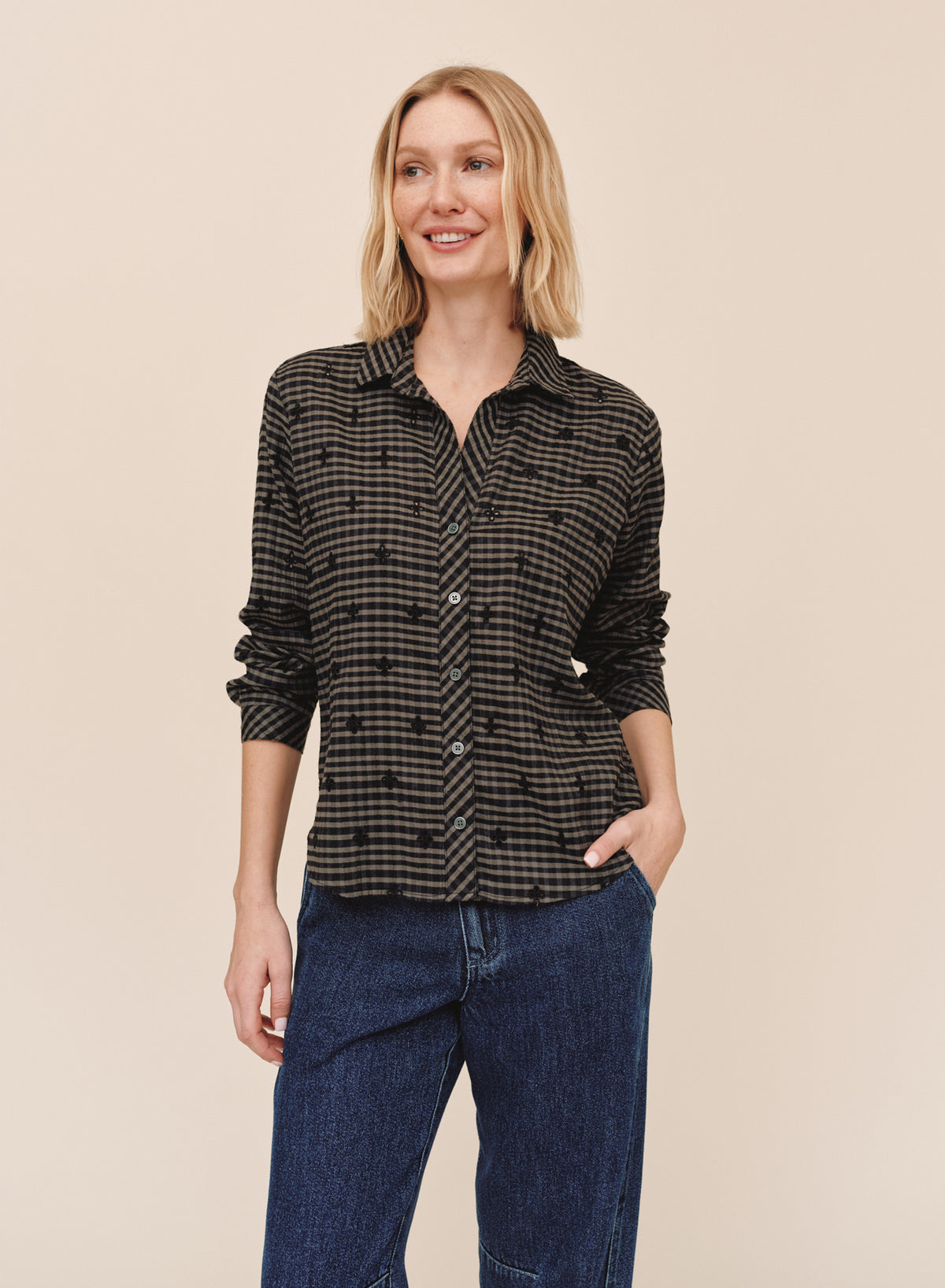 Bella Dahl Long Sleeve Clean Button Down Shirt Black Olive Gingham
