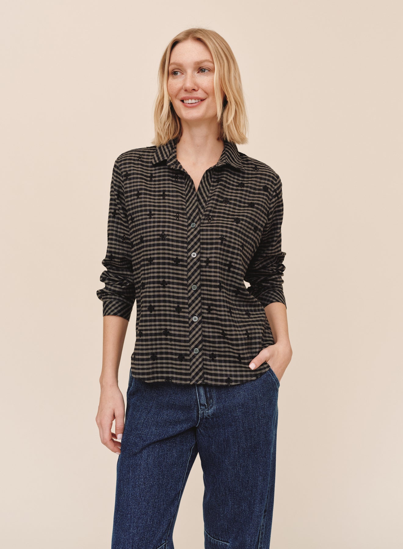 Bella Dahl Long Sleeve Clean Button Down Shirt Black Olive Gingham