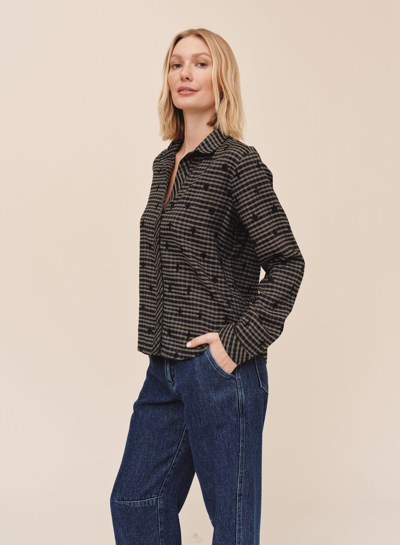 Bella Dahl Long Sleeve Clean Button Down Shirt Black Olive Gingham