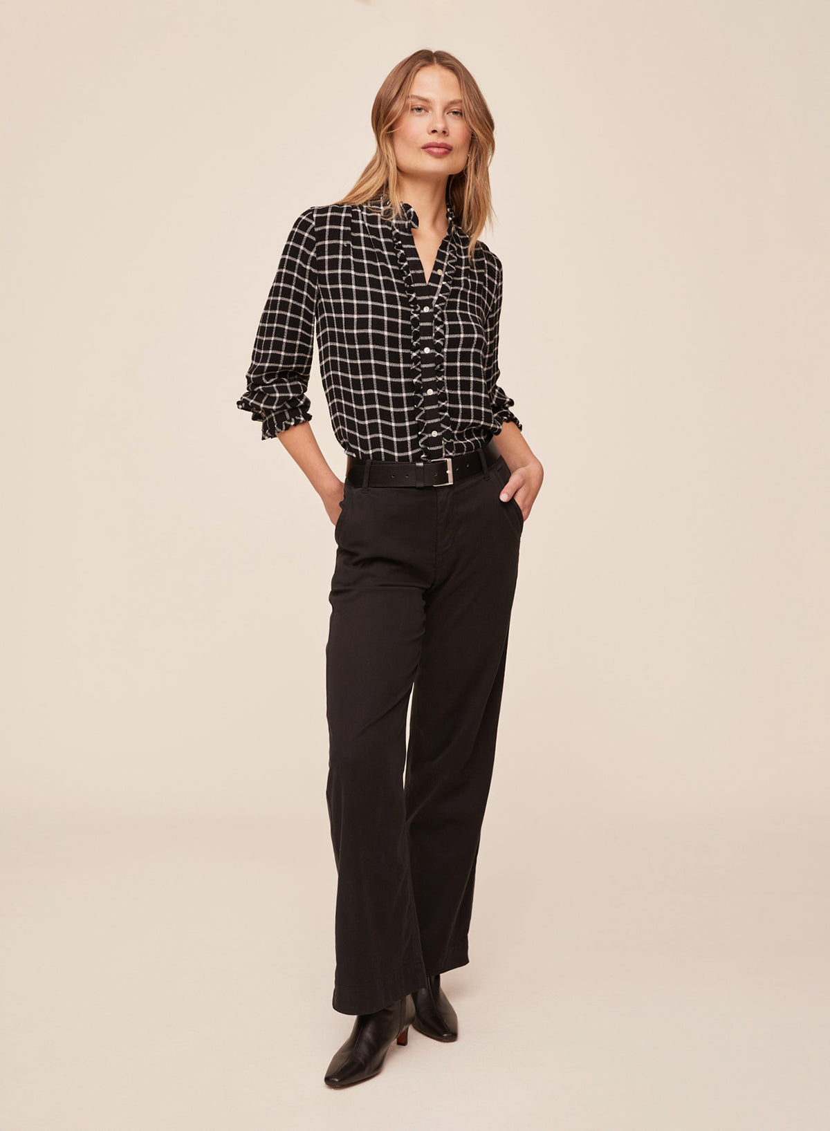 Bella Dahl Button Down Shirt with Ruffle Edges Black and White Plaid