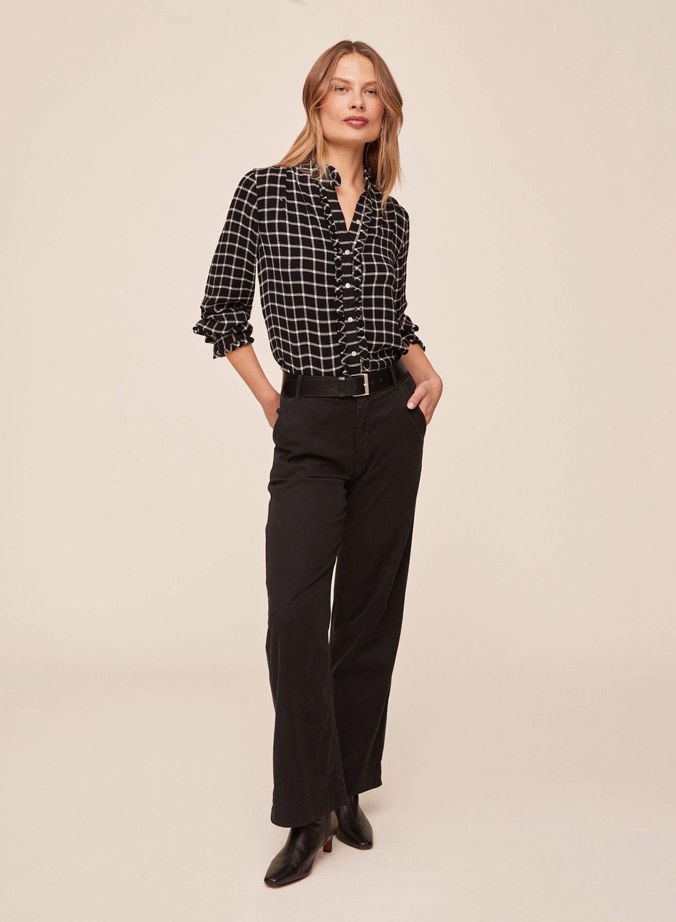 Bella Dahl Button Down Shirt with Ruffle Edges Black and White Plaid