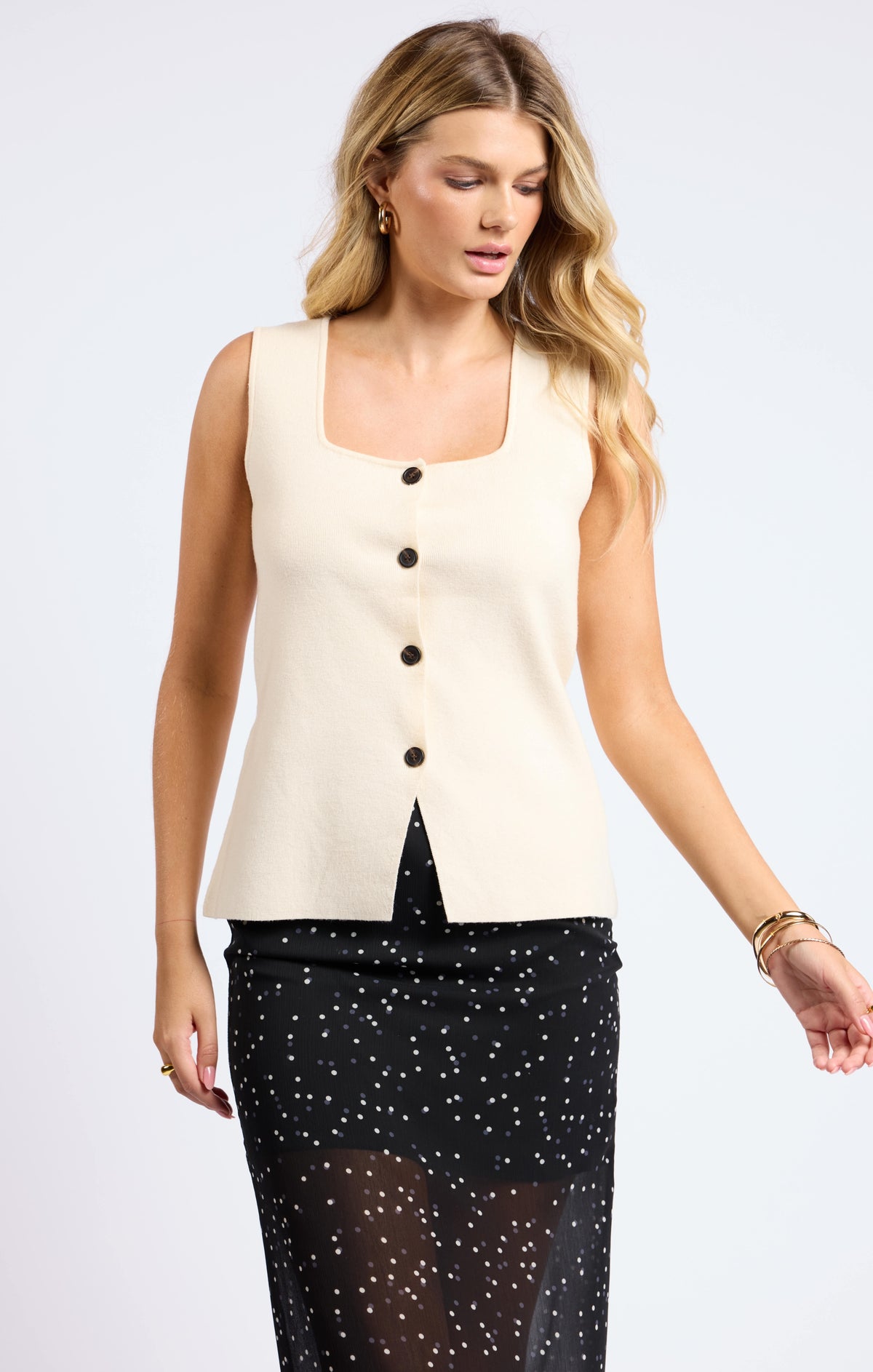 SAGE THE LABEL Myra Button Front Knit Vest Cream