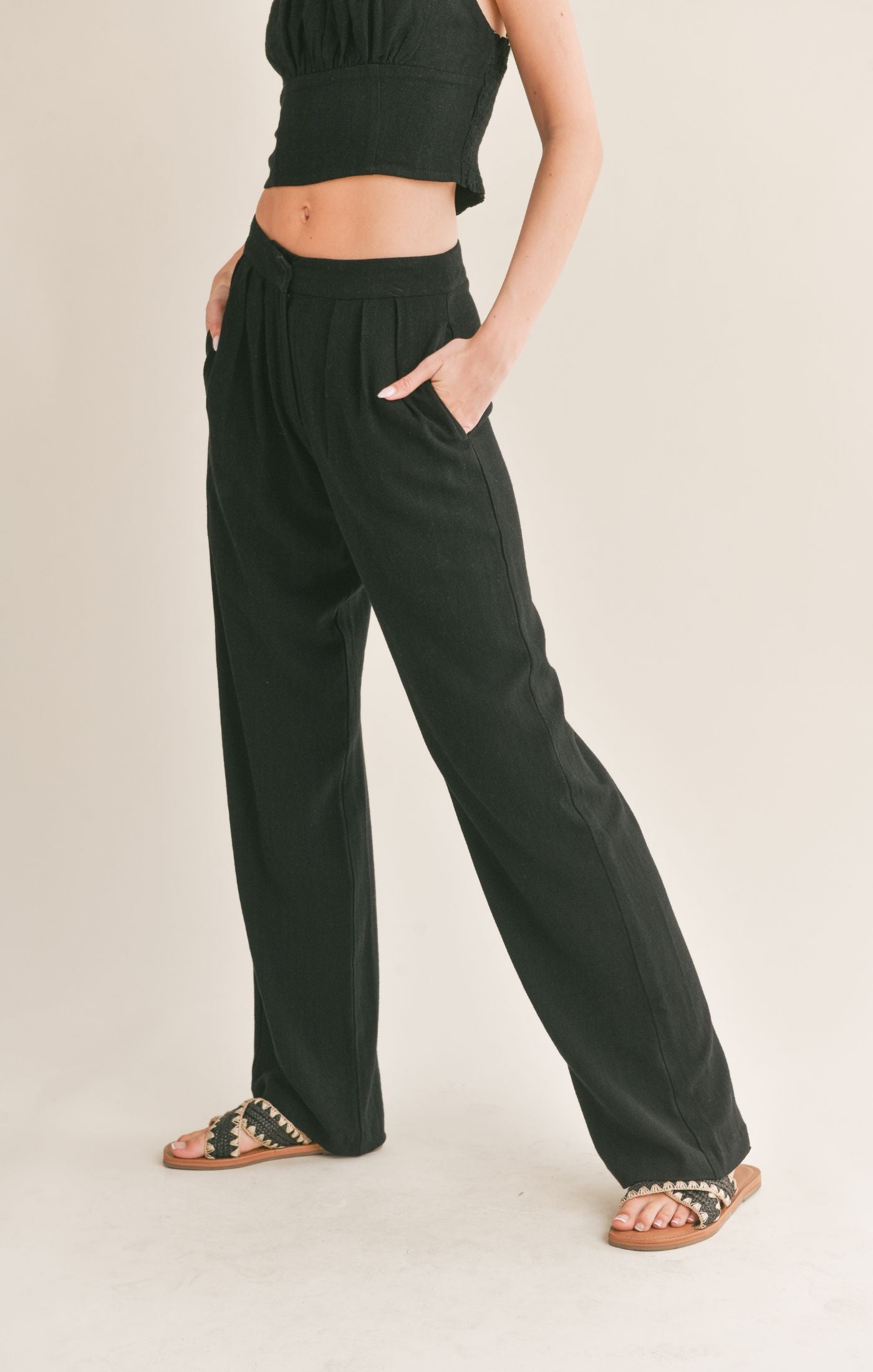 SAGE THE LABEL At Ease Linen Blend Pleated Trouser Black