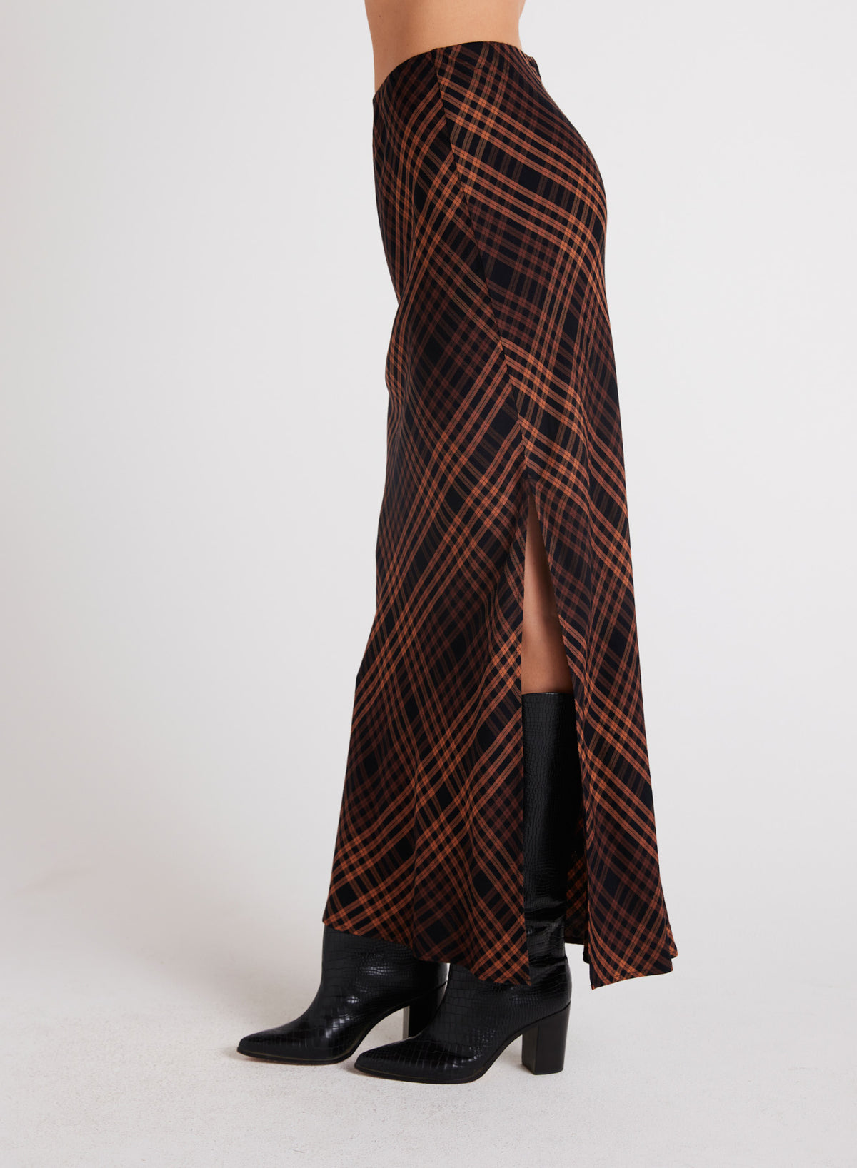 Bella Dahl Side Slit Bias Maxi Skirt in Autumn Ember Plaid