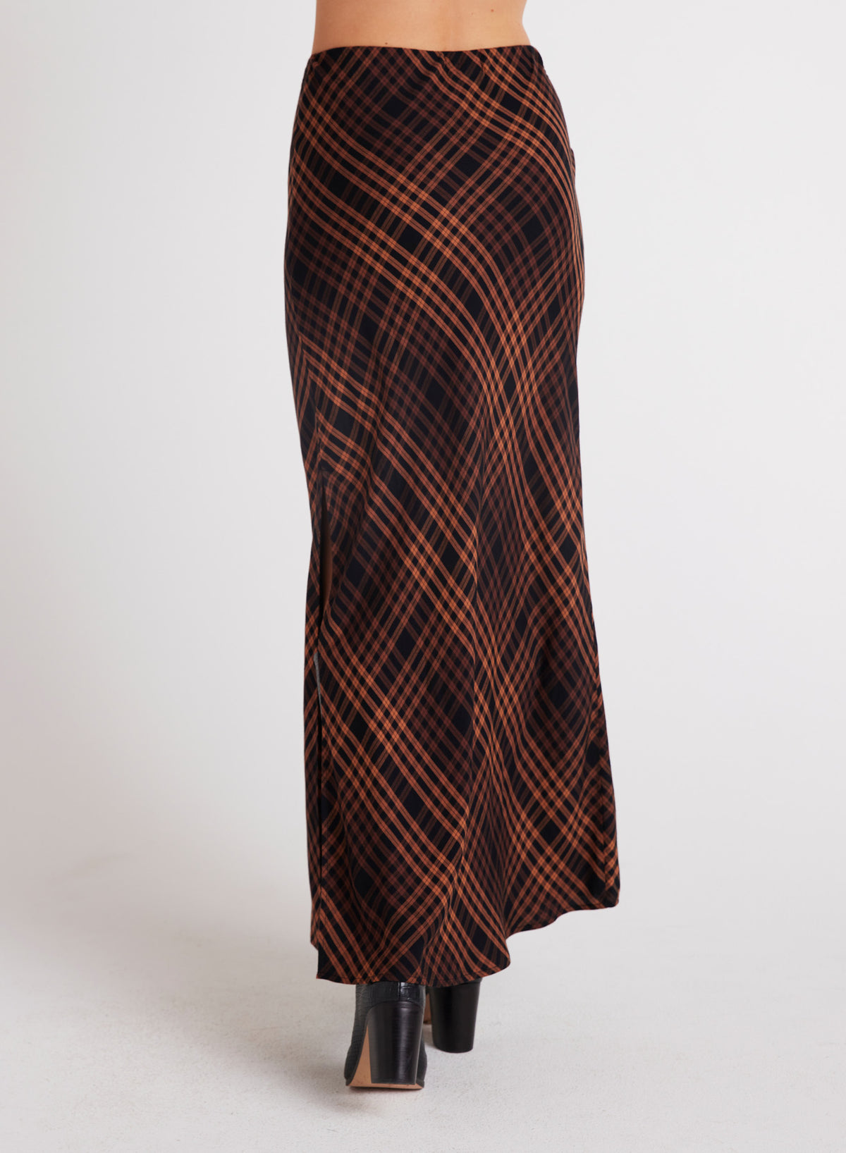 Bella Dahl Side Slit Bias Maxi Skirt in Autumn Ember Plaid