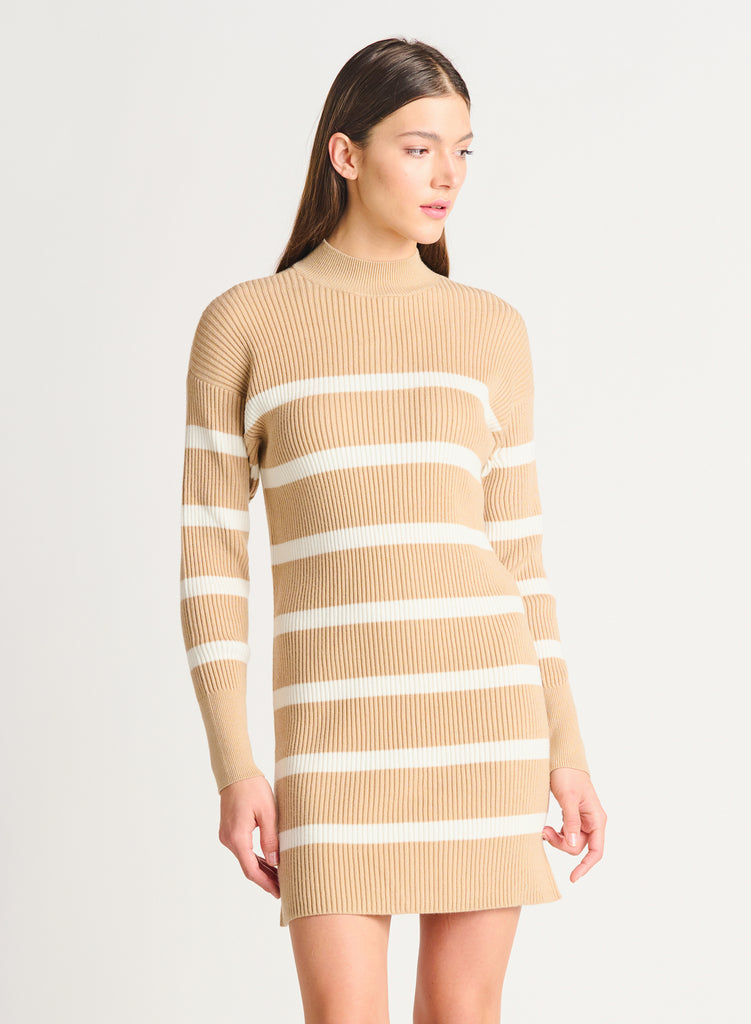 Dex Striped Sweater Dress Beige White Stripe