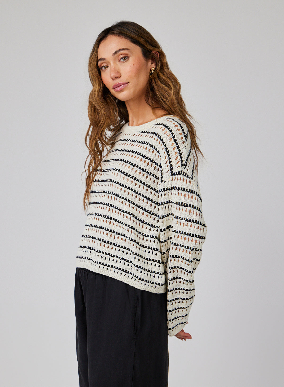 Bella Dahl Crew Neck Sweater in Ivory/Black Stripe Ivory Black