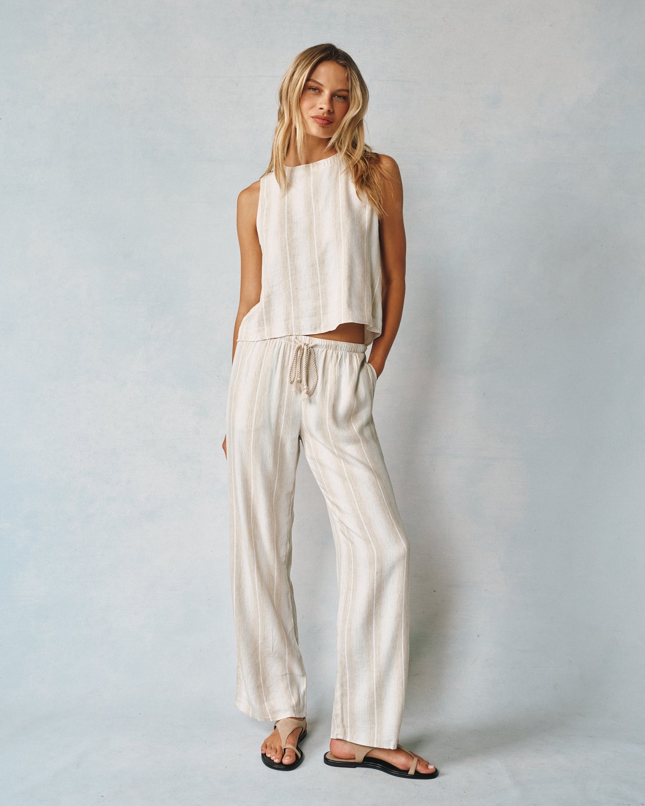 Bella Dahl Wide Leg Pant with Drawcord Positana Sand Stripe