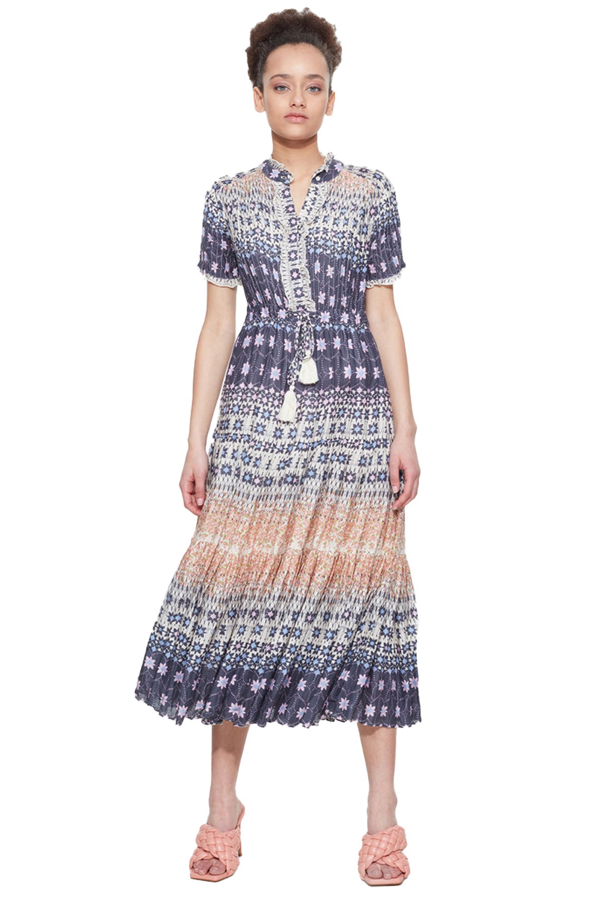 Dex Scoop Back Tiered Midi Dress Navy Garden