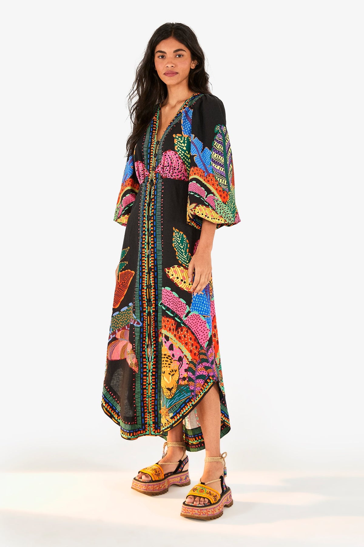Farm Rio Black Cool Leopards Eng Maxi Dress
