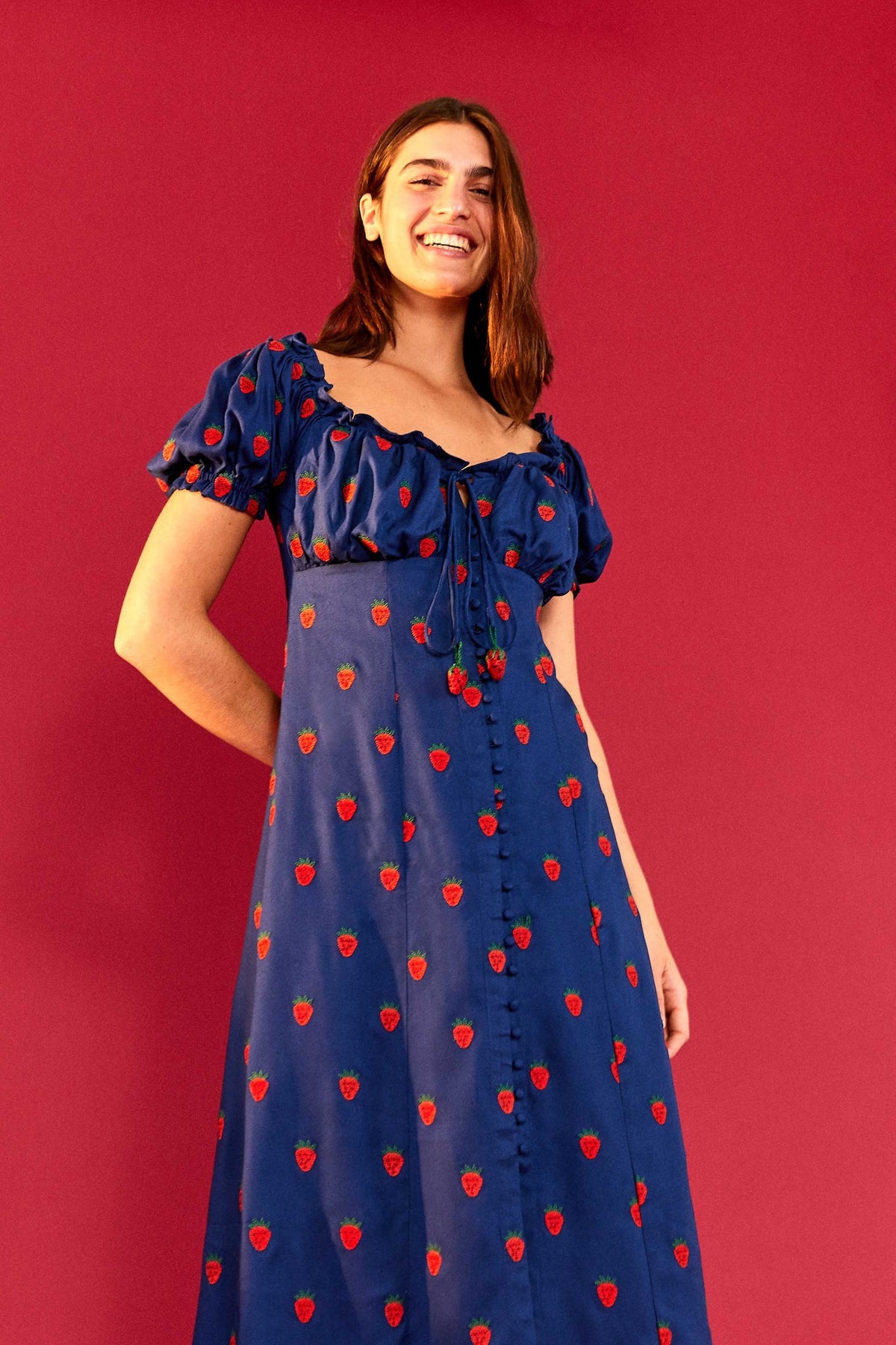 Farm Rio Strawberry Cross Stitch Midi Dress