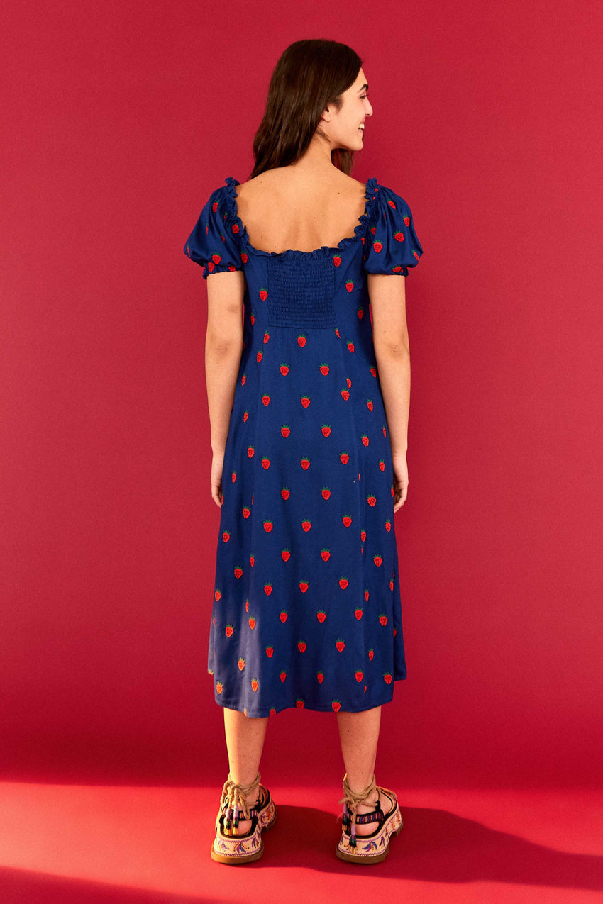 Farm Rio Strawberry Cross Stitch Midi Dress