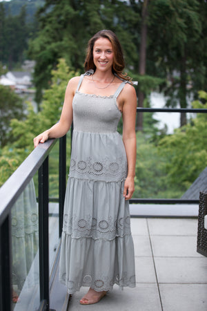 BLACK TAPE Tied Strap Smocked Eyelet Maxi Dress - Adorn