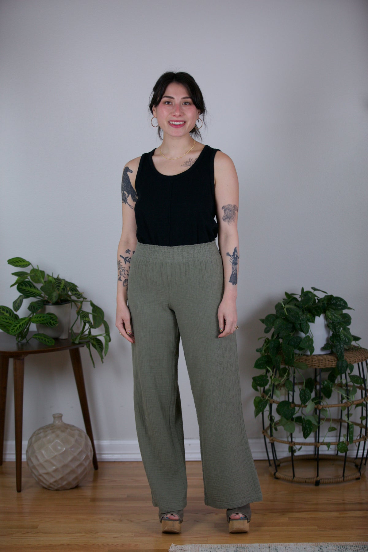 Bobi Smocked Waist Wide Leg Pant Basil