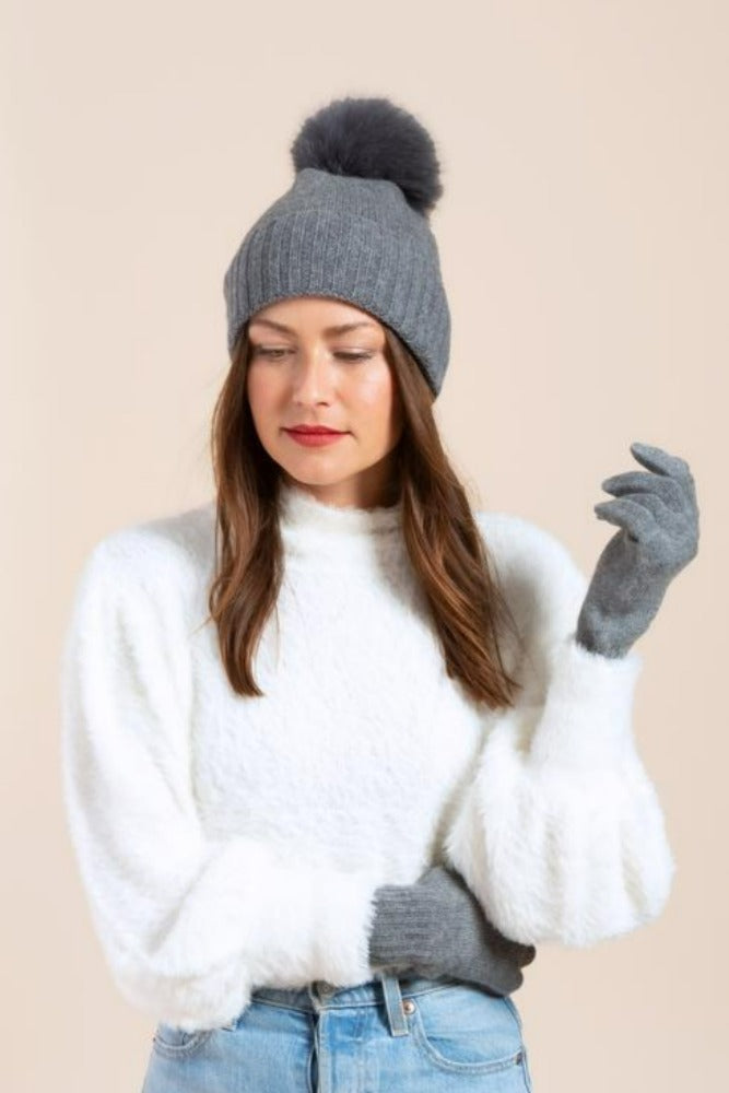 Hat Attack Cashmere Cuff Slouchy Beanie w/Real Fur Pom Charcoal