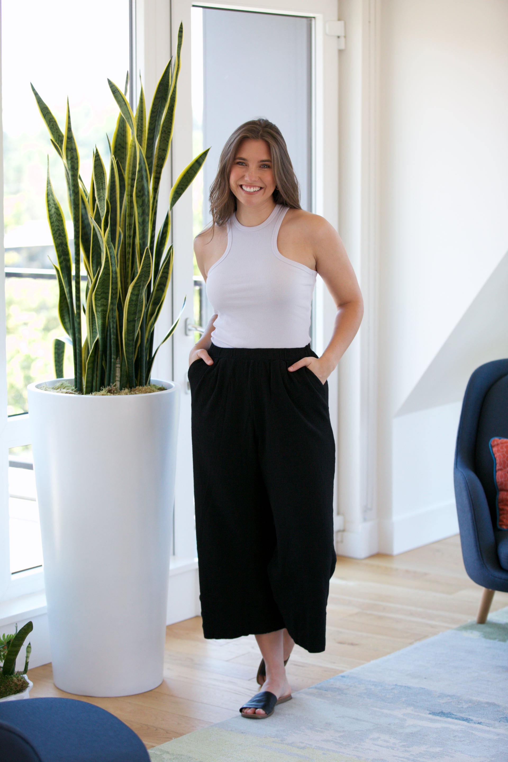This organic puckered knit pull-on pant is chic and comfy with a full wide leg and side pockets.  Fabric Info:  Our organic puckered knit is created with organic cotton and raised fibers, this fabrication creates a novel aesthetic.  Additional Info:  100% Cotton Made in the USA