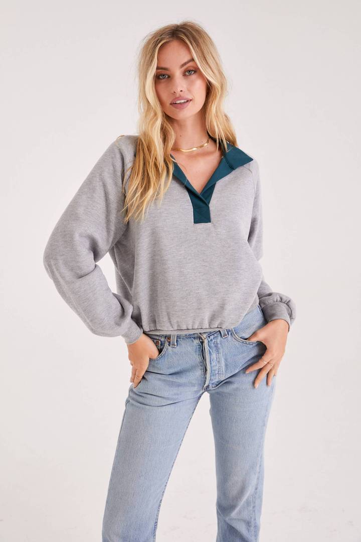 PROJECT SOCIAL T Snoh Colorblocked Collared Sweatshirt Heather Grey Pondarosa Pine